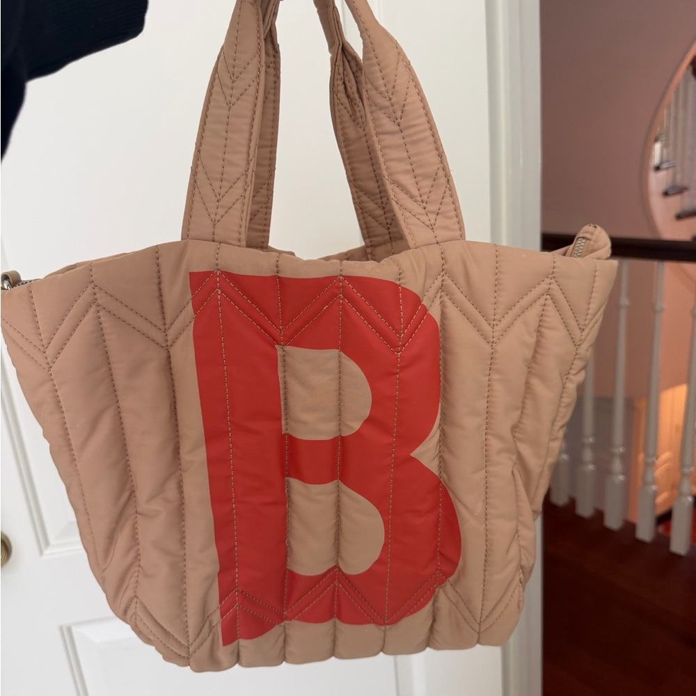 Zara Quilted Beige Shoulder Bag with Red 'B' Accent